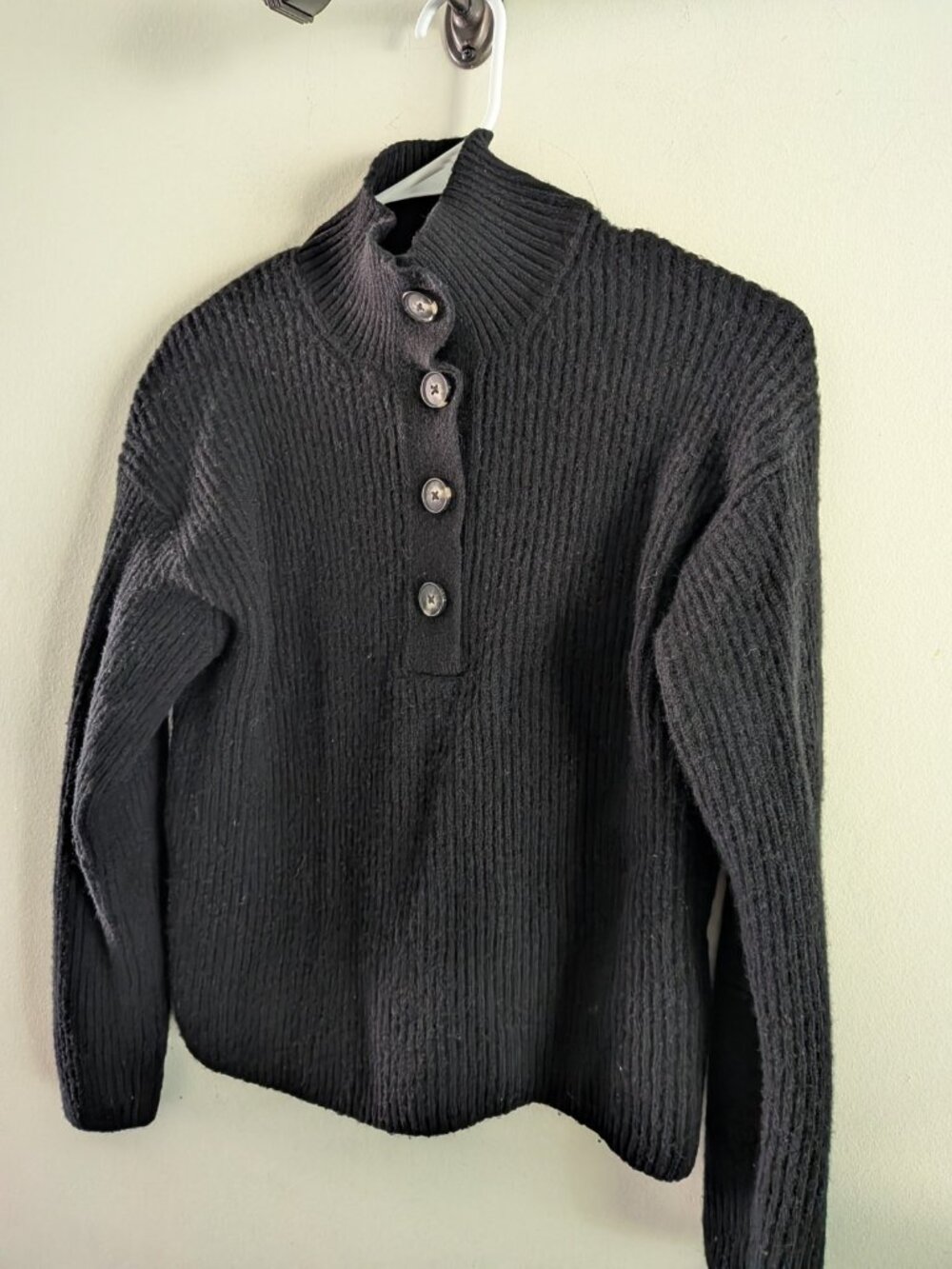 Everlane Wool Cashmere Ribbed Button Collar Sweater Women XS Black Henley Neck